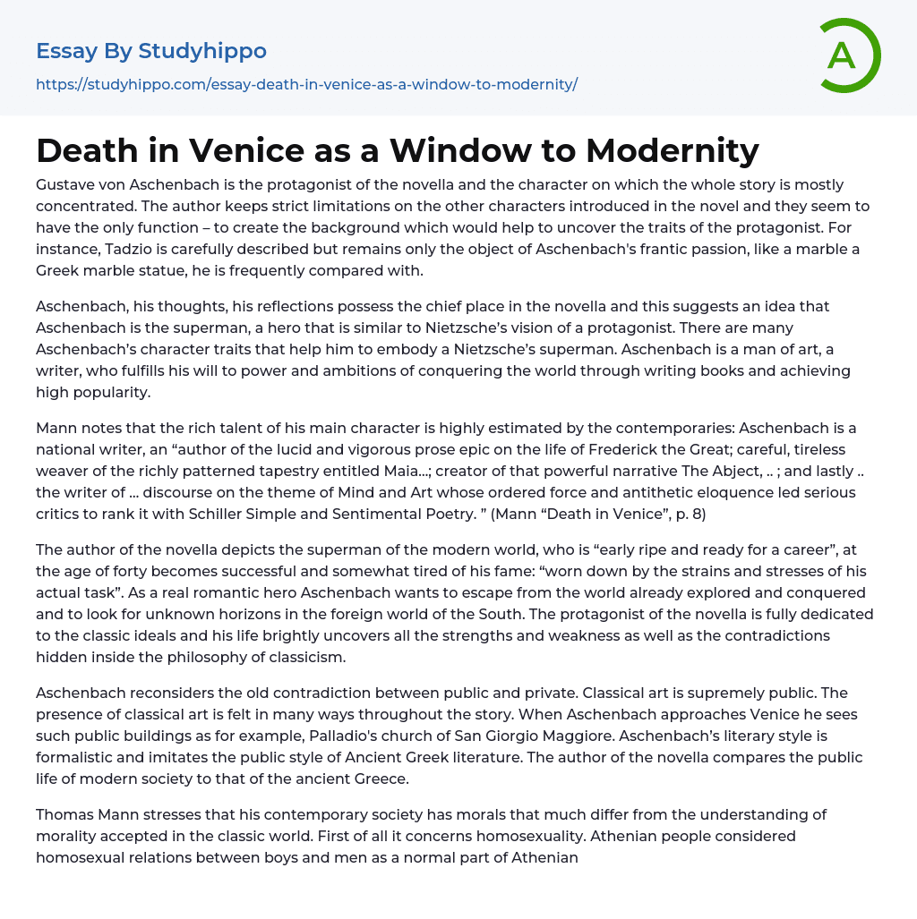 Death in Venice as a Window to Modernity Essay Example