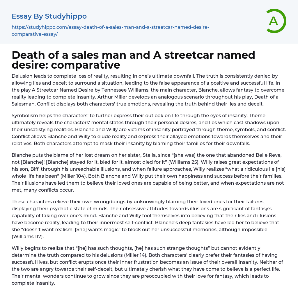 Death of a sales man and A streetcar named desire: comparative Essay Example