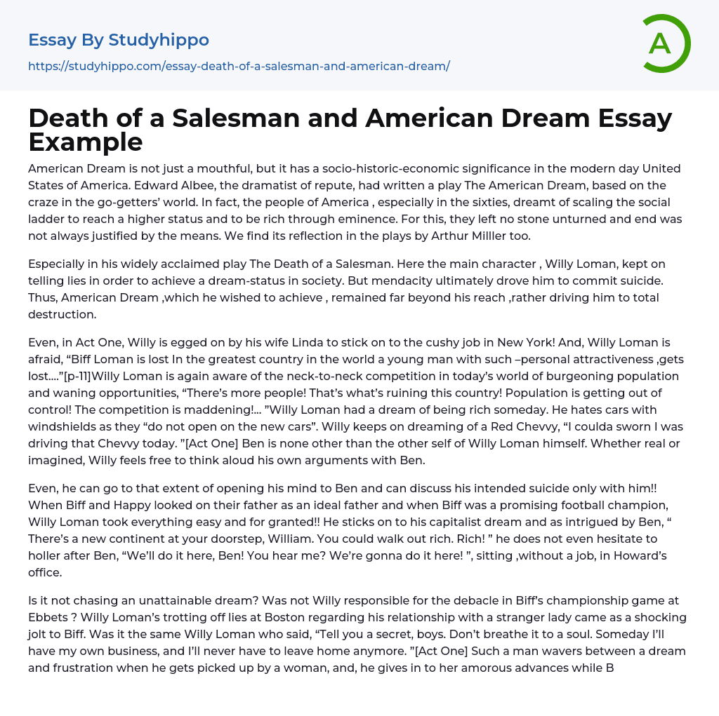 Death of a Salesman and American Dream Essay Example