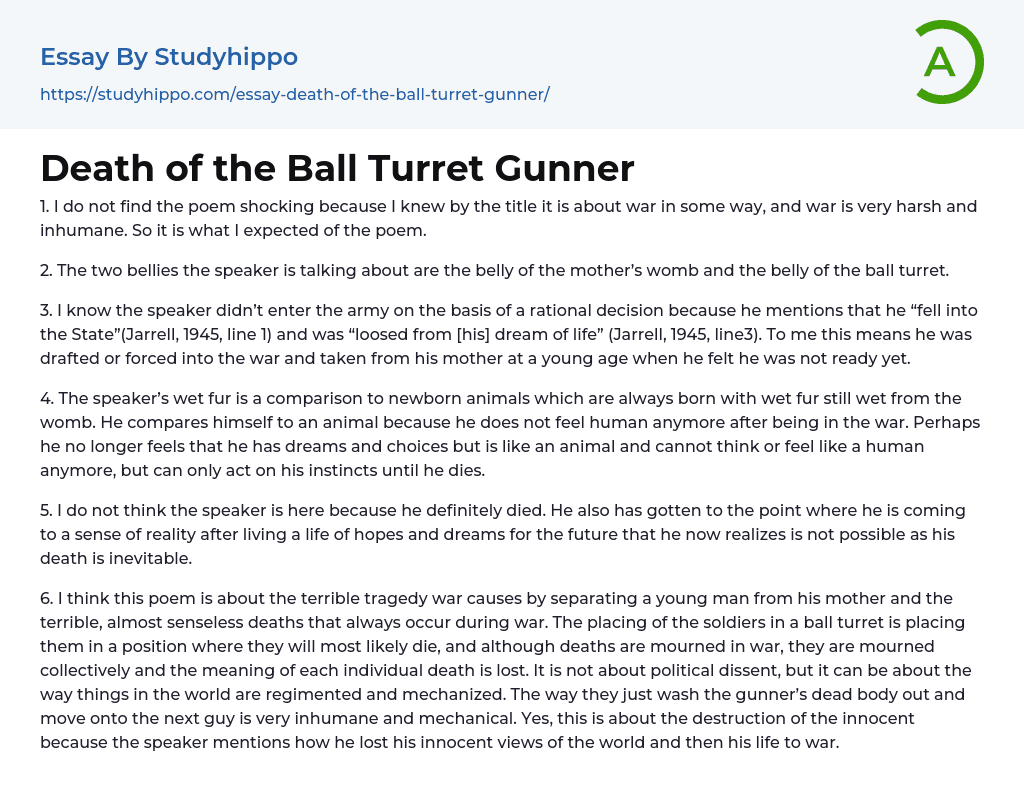 Death of the Ball Turret Gunner Essay Example