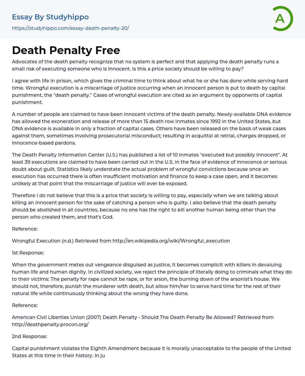 Death Penalty Free Essay Example