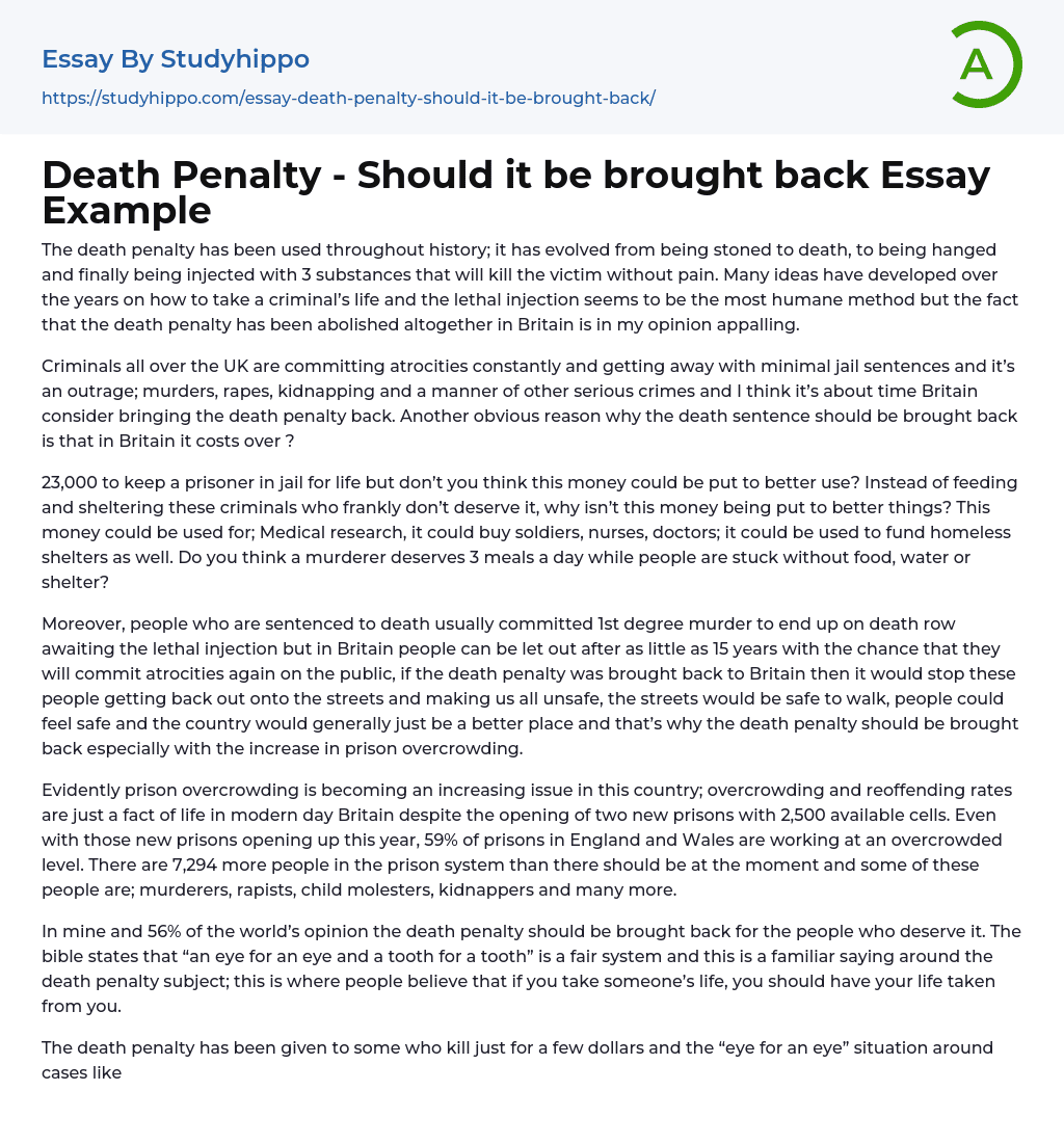 Death Penalty – Should it be brought back Essay Example
