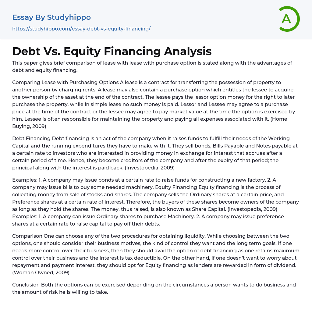 Debt Vs. Equity Financing Analysis Essay Example