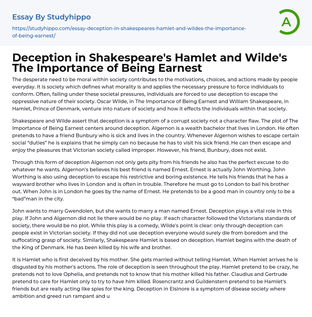 Deception in Shakespeare’s Hamlet and Wilde’s The Importance of Being Earnest Essay Example