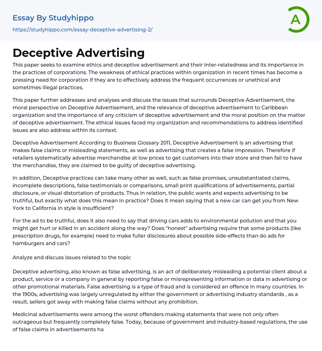 Deceptive Advertising Essay Example