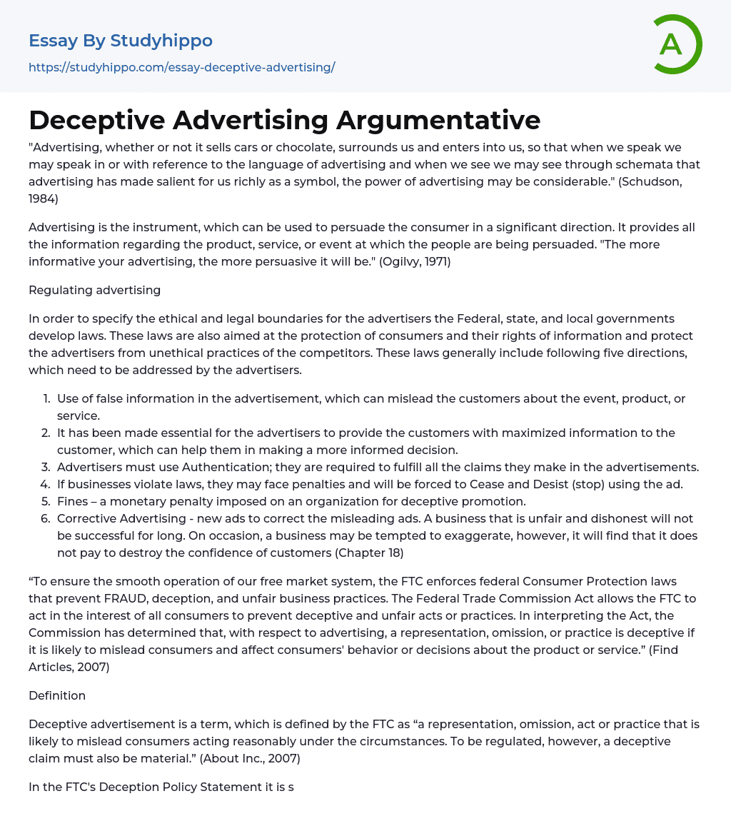 Deceptive Advertising Argumentative Essay Example