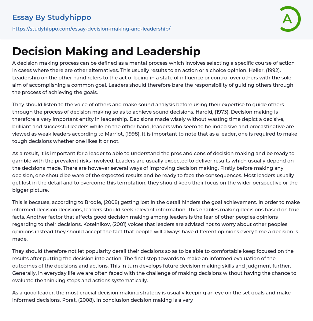 Decision Making and Leadership Essay Example