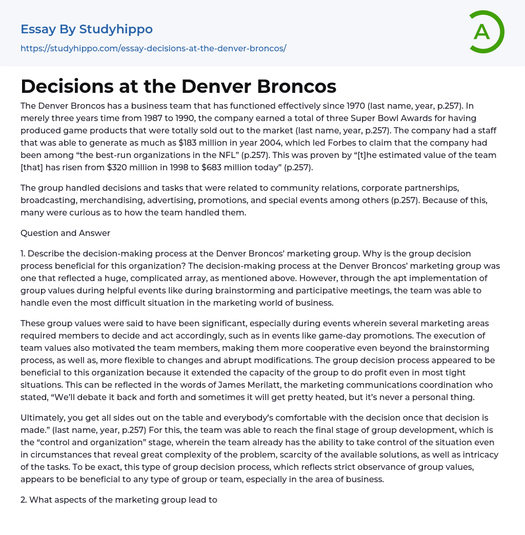 Decisions at the Denver Broncos Essay Example