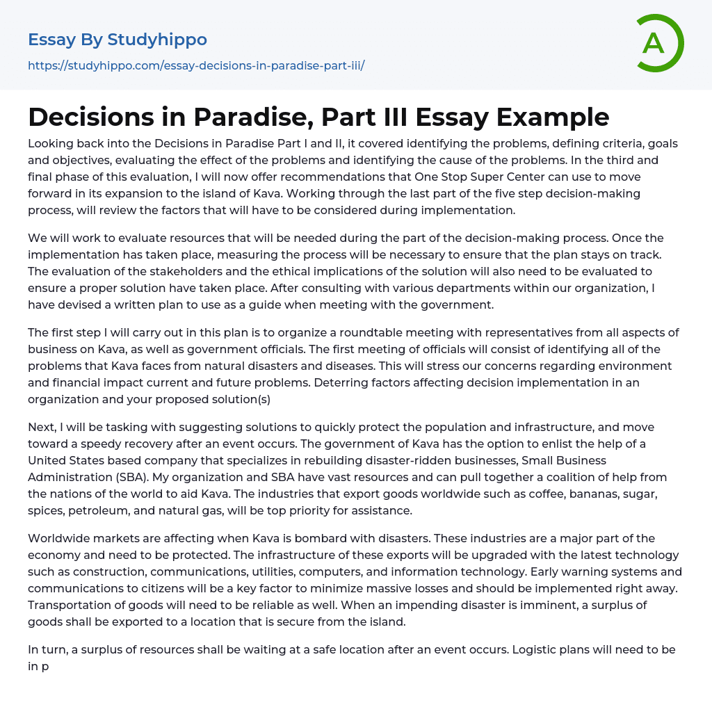 Decisions in Paradise, Part III Essay Example