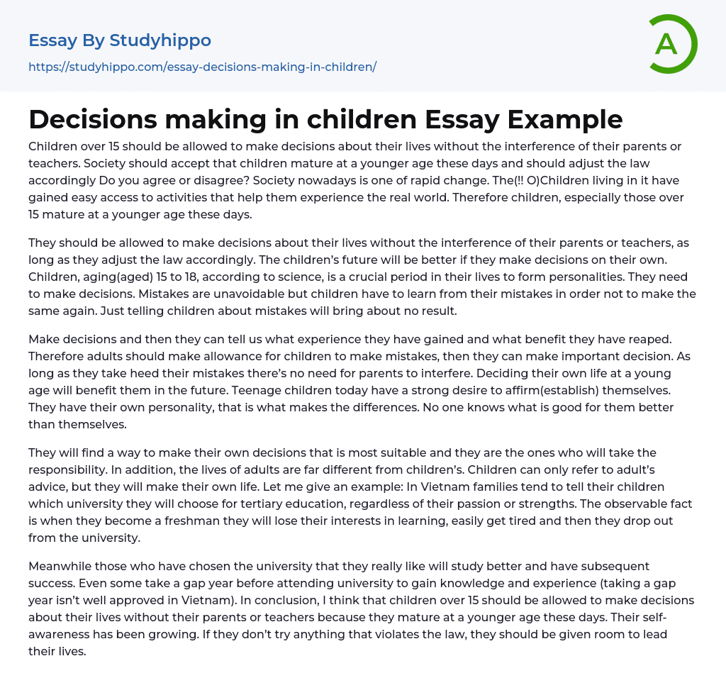 Decisions making in children Essay Example