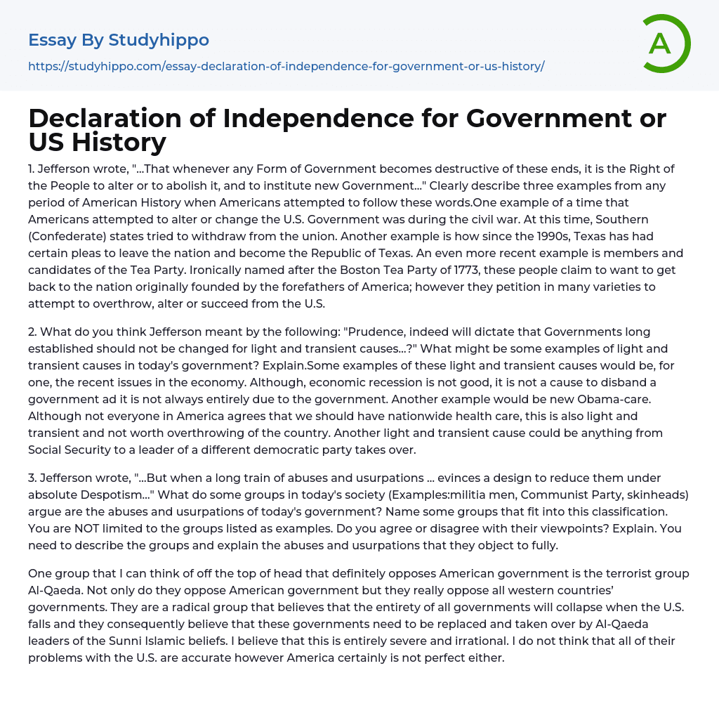 Declaration of Independence for Government or US History Essay Example