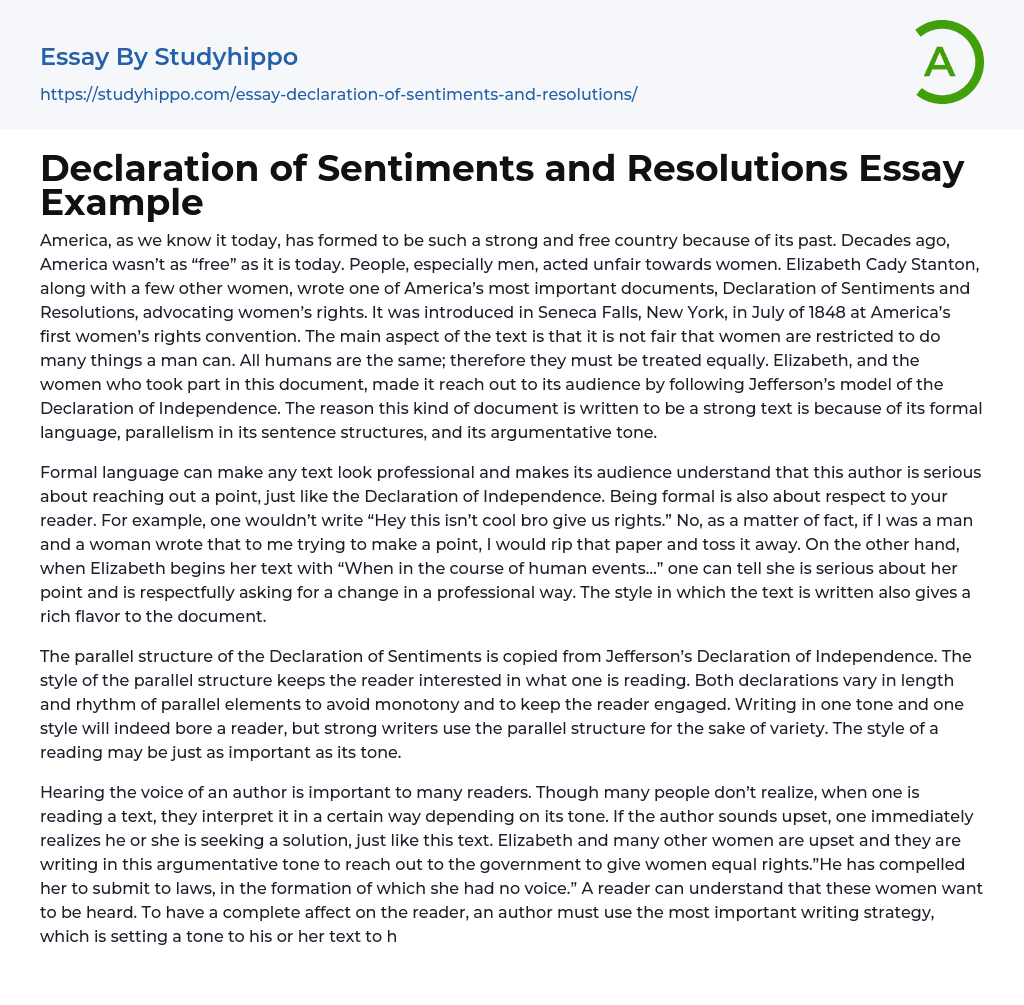 Declaration of Sentiments and Resolutions Essay Example