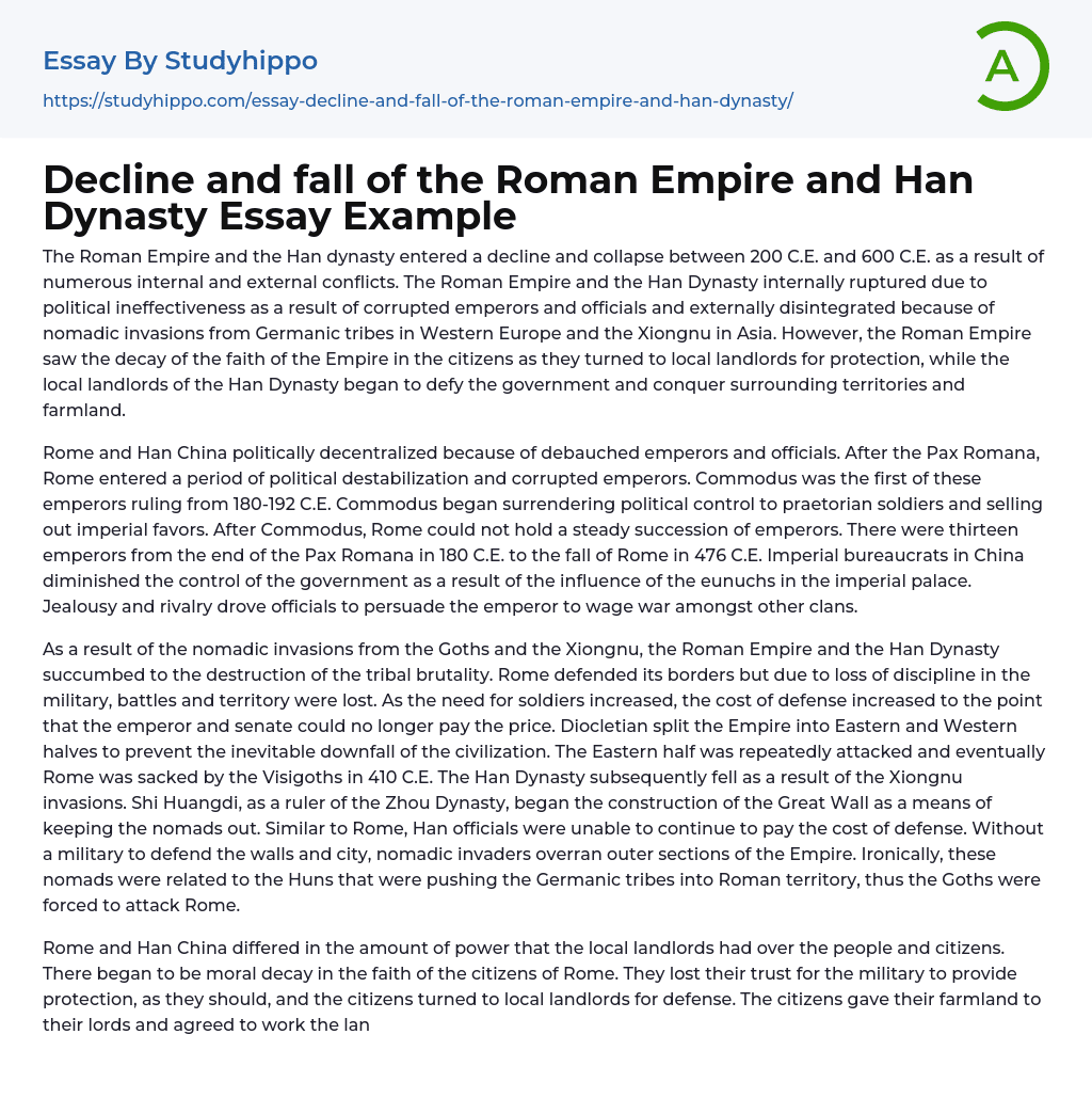 Decline and fall of the Roman Empire and Han Dynasty Essay Example