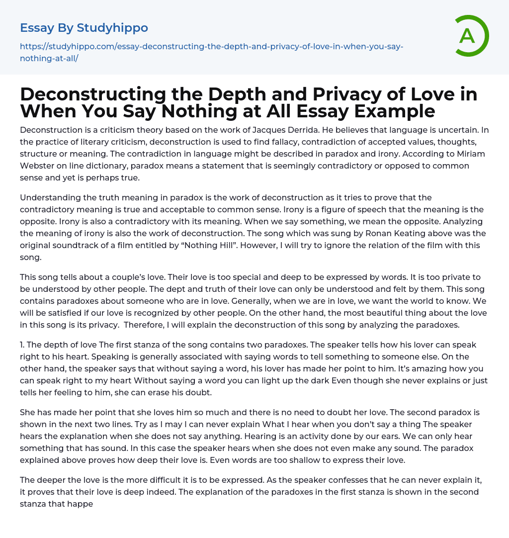 Deconstructing the Depth and Privacy of Love in When You Say Nothing at All Essay Example