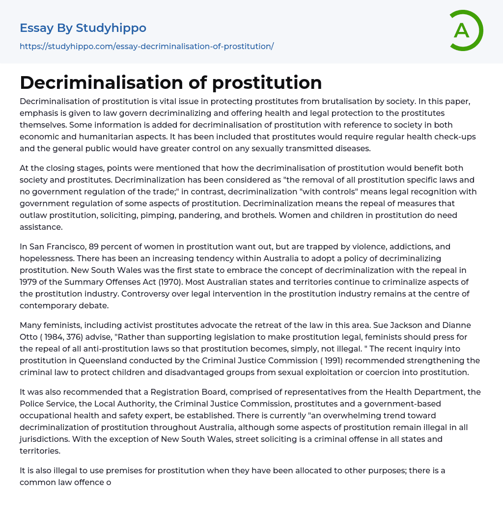 Decriminalisation of prostitution Essay Example