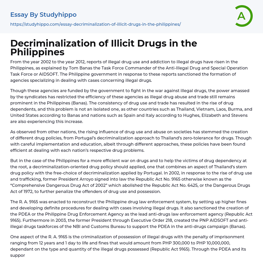 Decriminalization of Illicit Drugs in the Philippines Essay Example