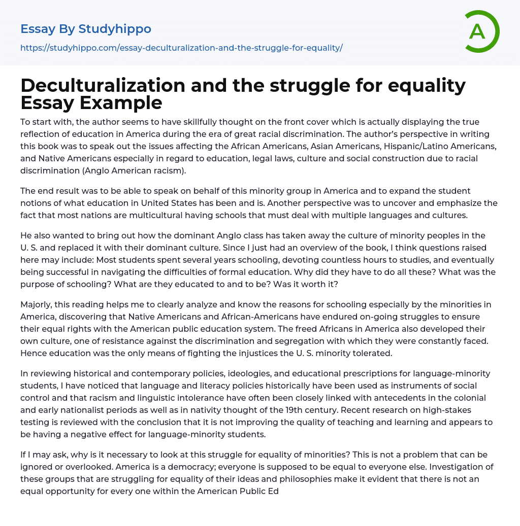Deculturalization and the struggle for equality Essay Example