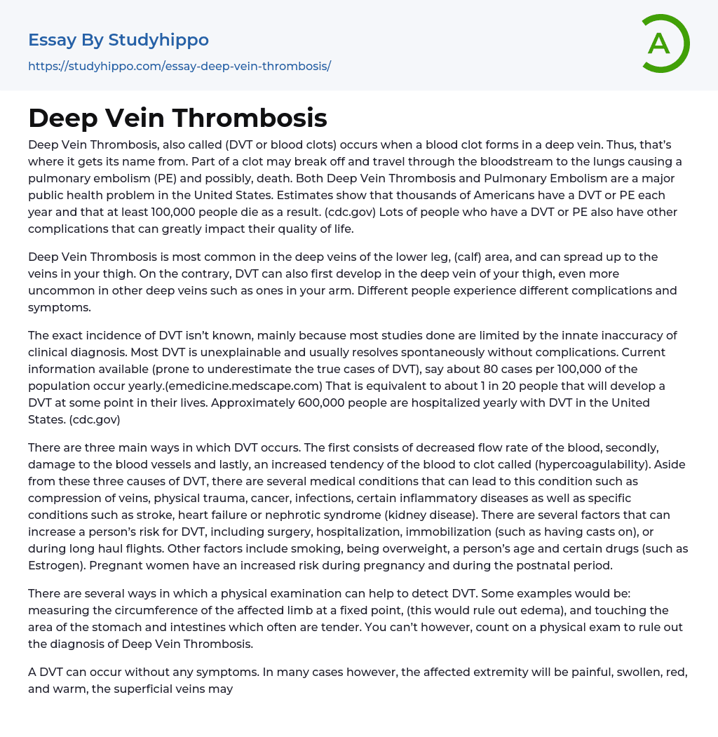 Deep Vein Thrombosis Essay Example