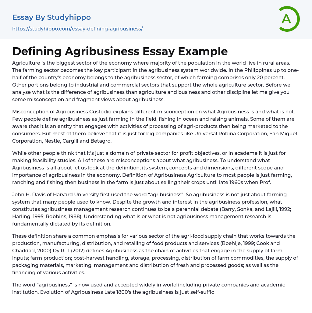 Defining Agribusiness Essay Example