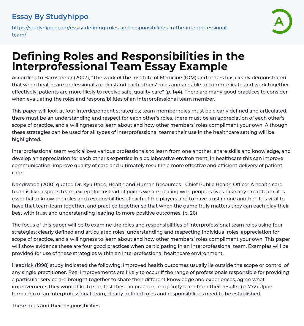 Defining Roles and Responsibilities in the Interprofessional Team Essay Example