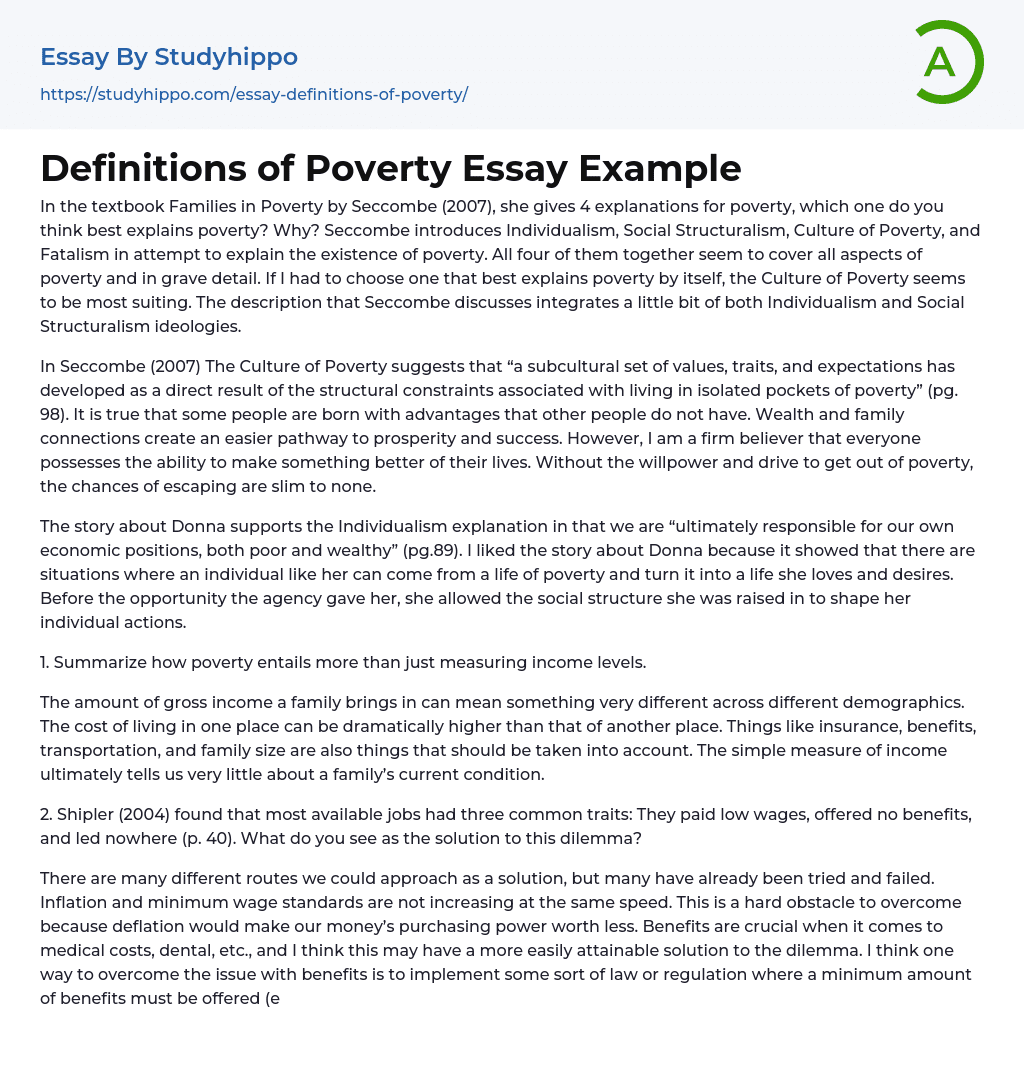Definitions of Poverty Essay Example