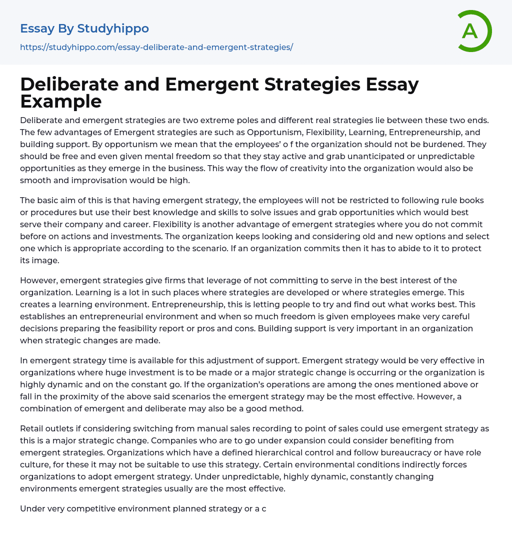 Deliberate and Emergent Strategies Essay Example