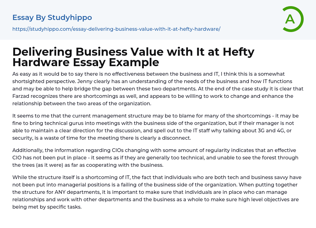 Delivering Business Value with It at Hefty Hardware Essay Example