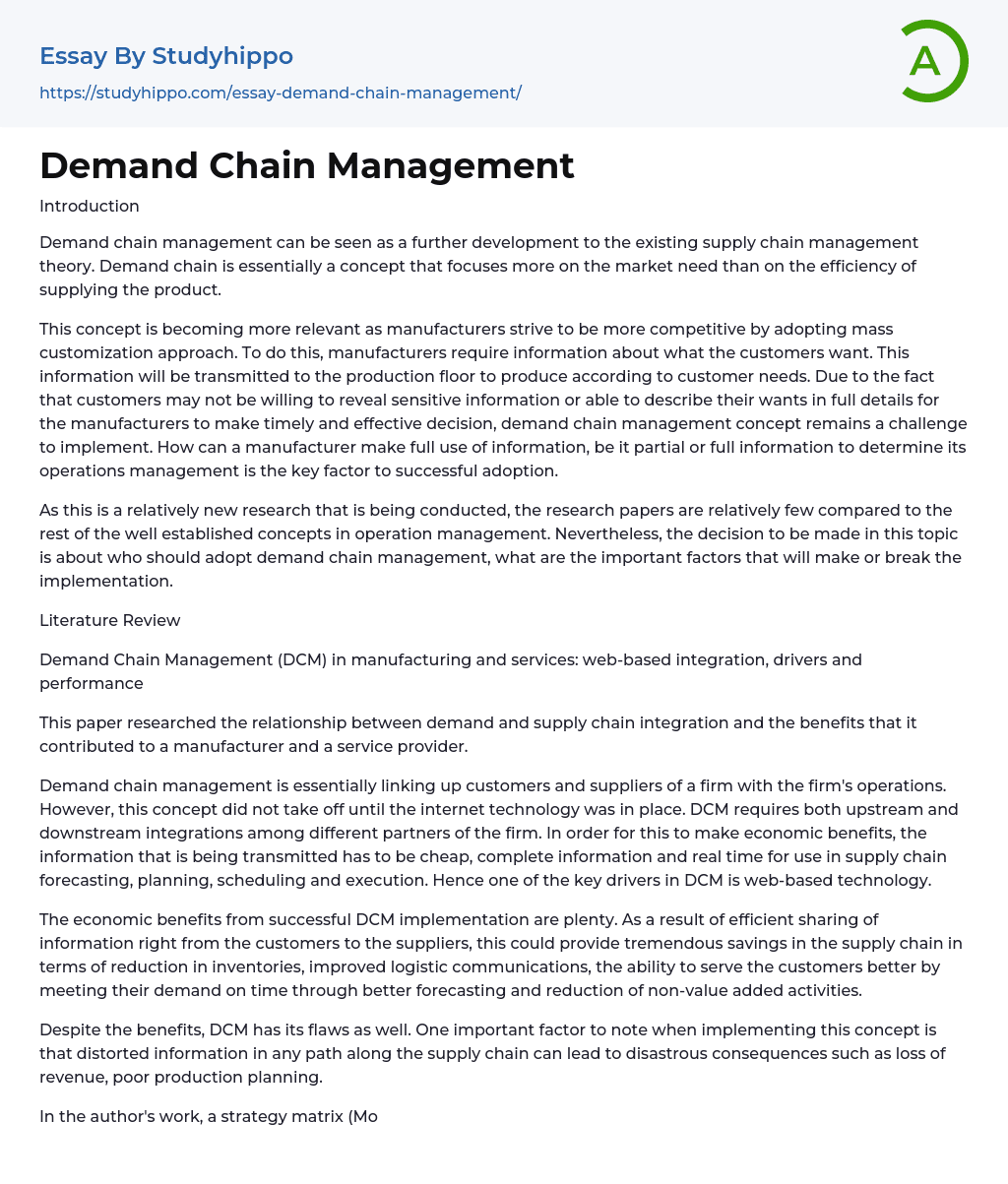 Demand Chain Management Essay Example