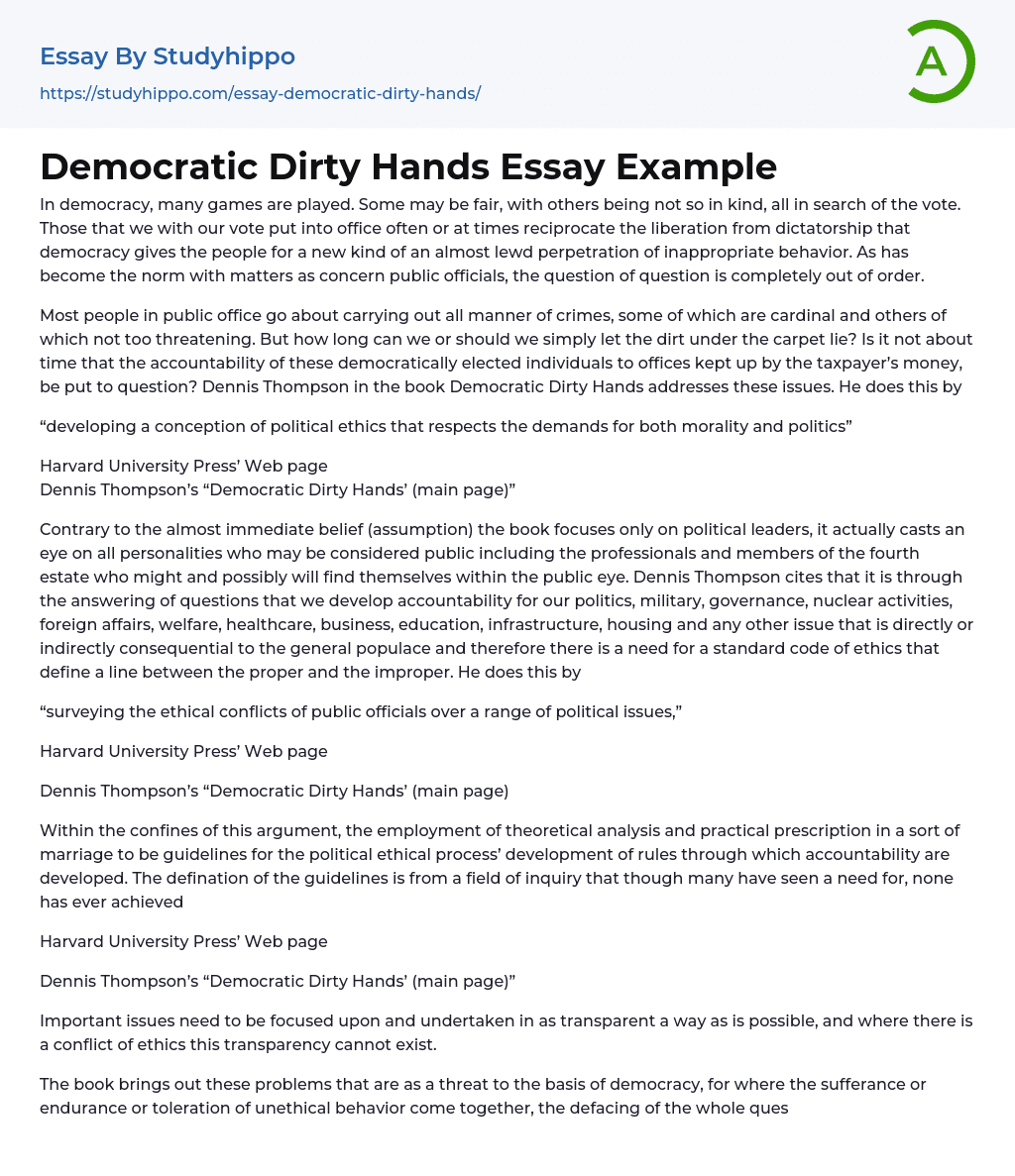 Democratic Dirty Hands Essay Example