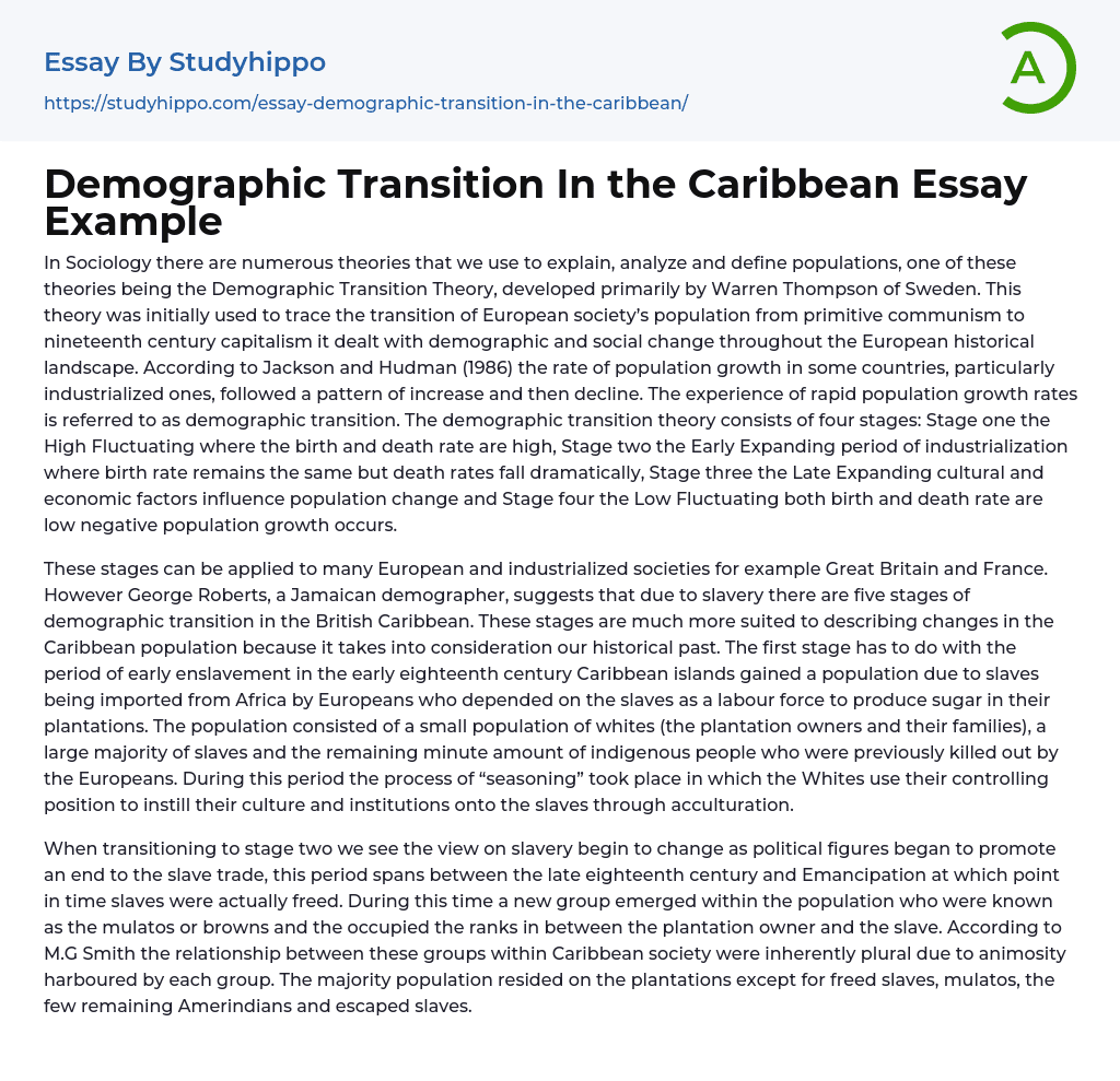 Demographic Transition In the Caribbean Essay Example