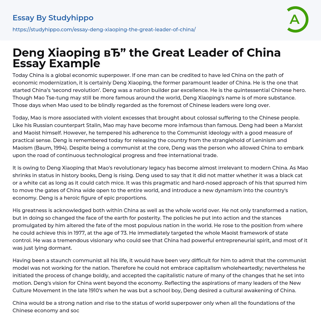 Deng Xiaoping ??” the Great Leader of China Essay Example