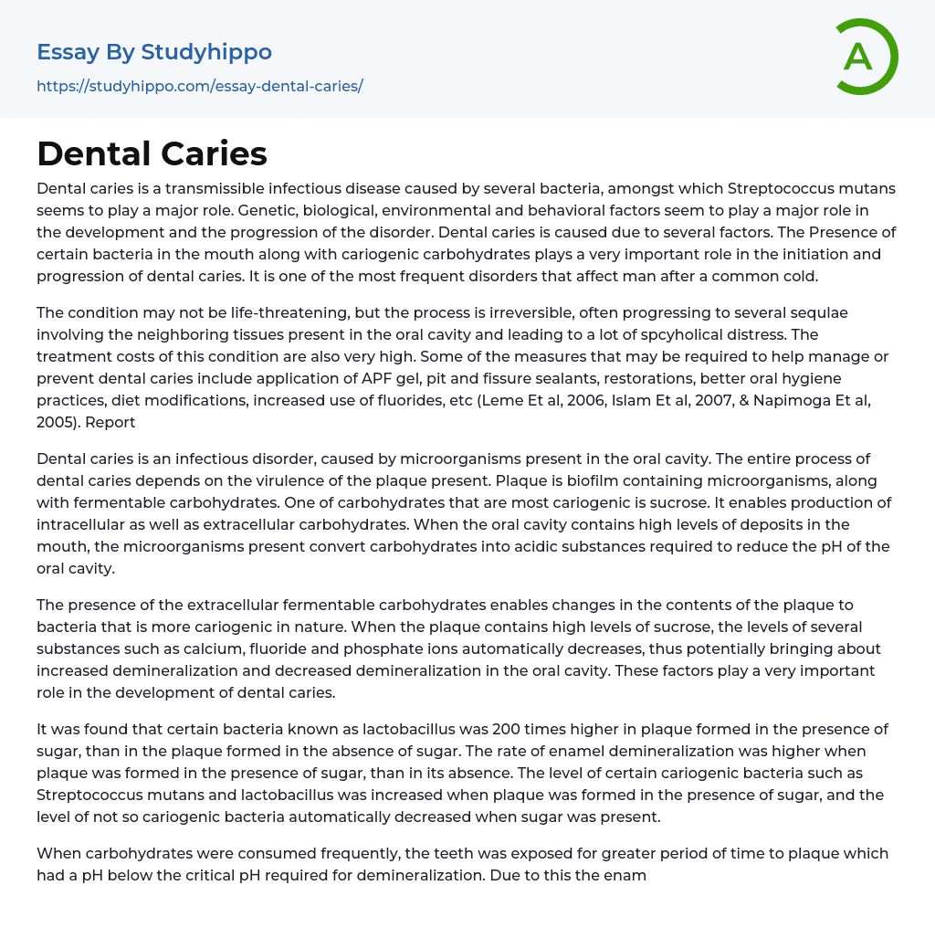 Dental Caries Essay Example