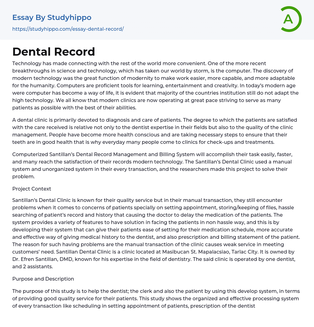 Dental Record Essay Example