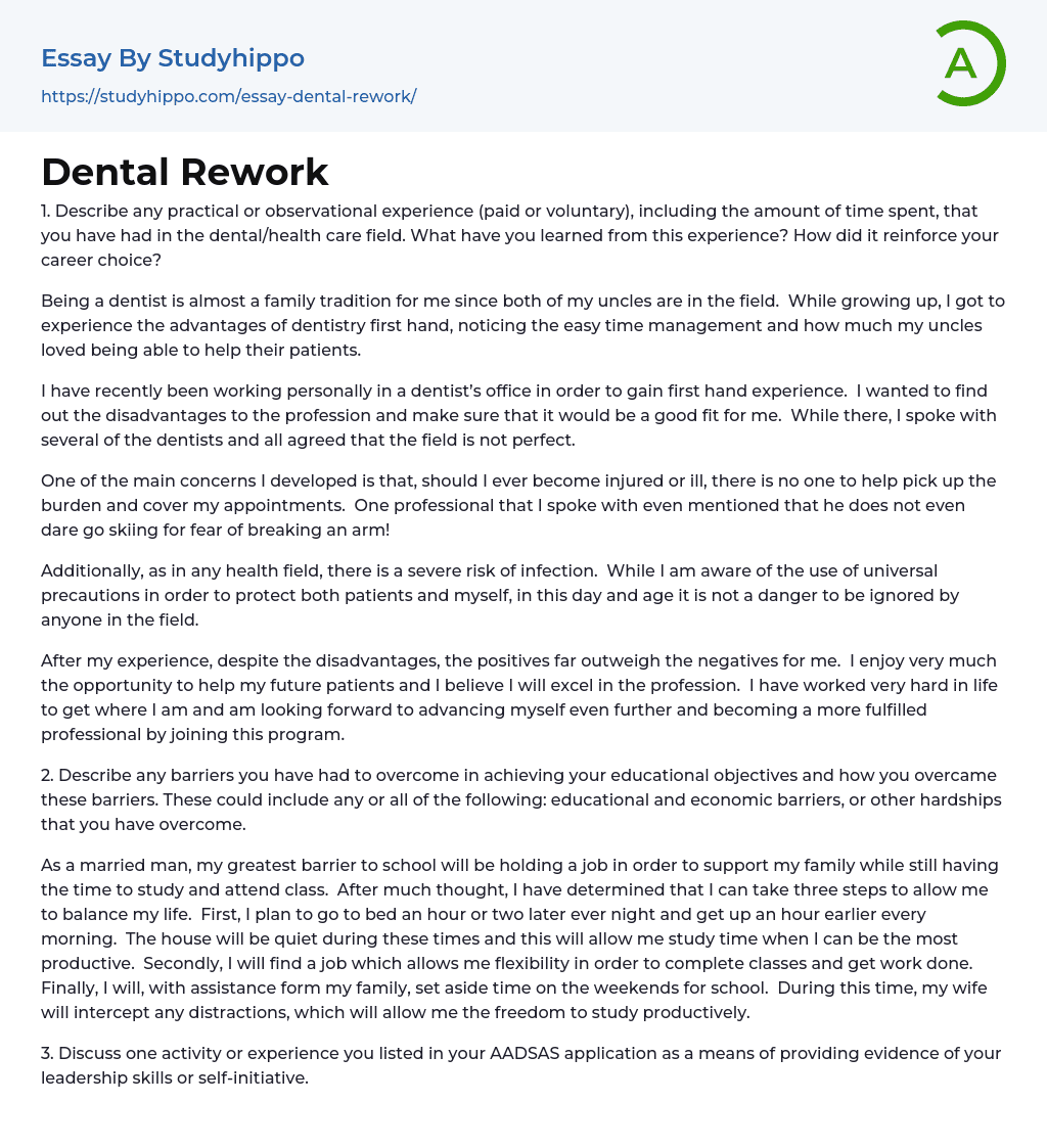 Dental Rework Essay Example