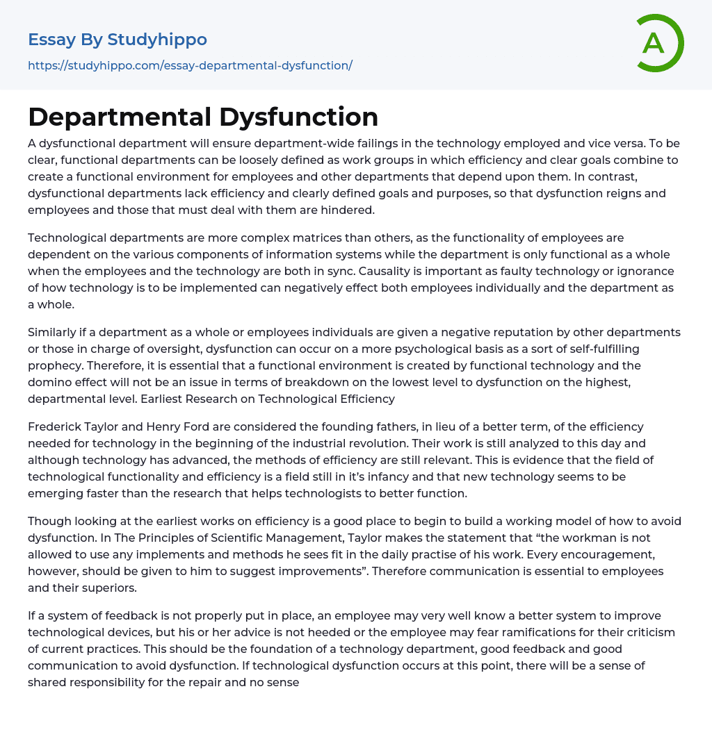 Departmental Dysfunction Essay Example