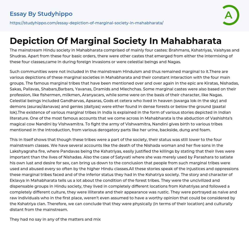 Depiction Of Marginal Society In Mahabharata Essay Example