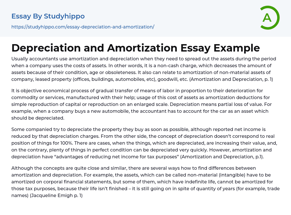 Depreciation and Amortization Essay Example