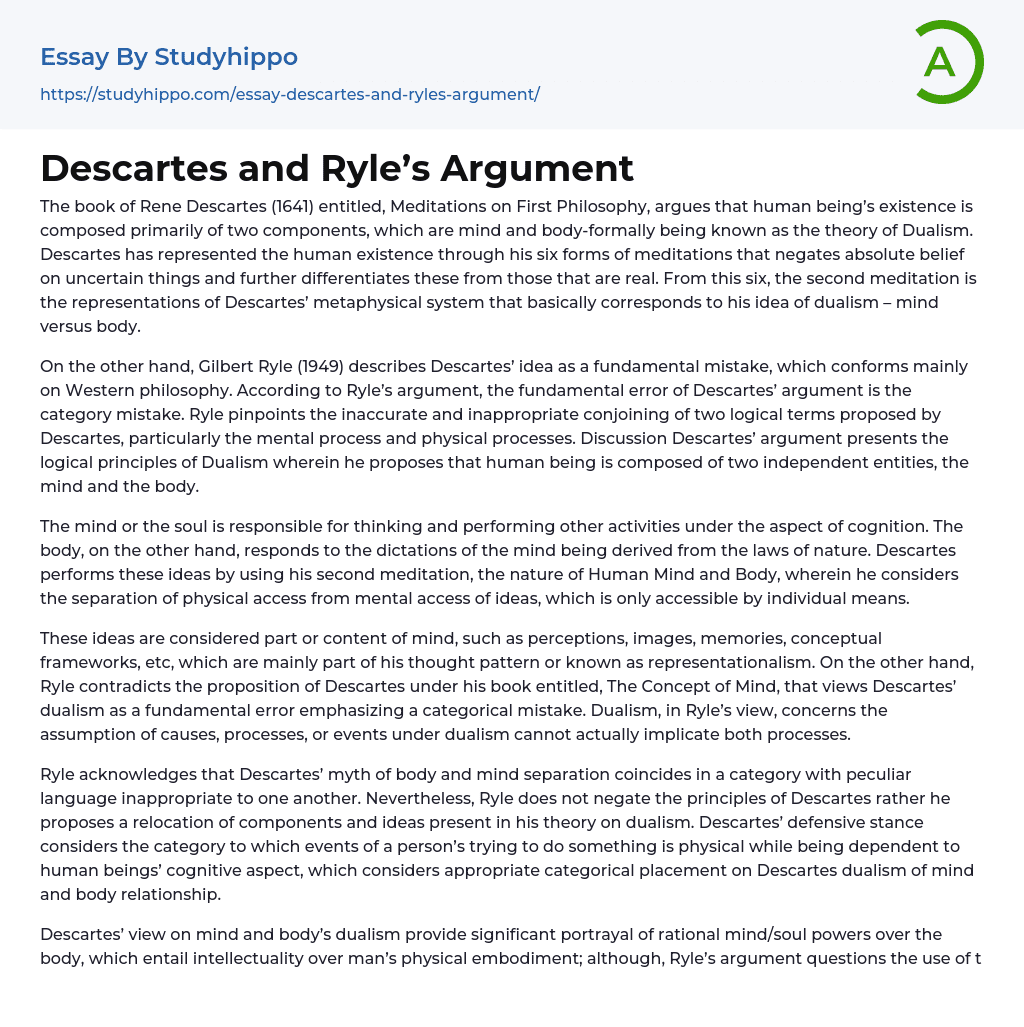 Descartes and Ryle’s Argument Essay Example