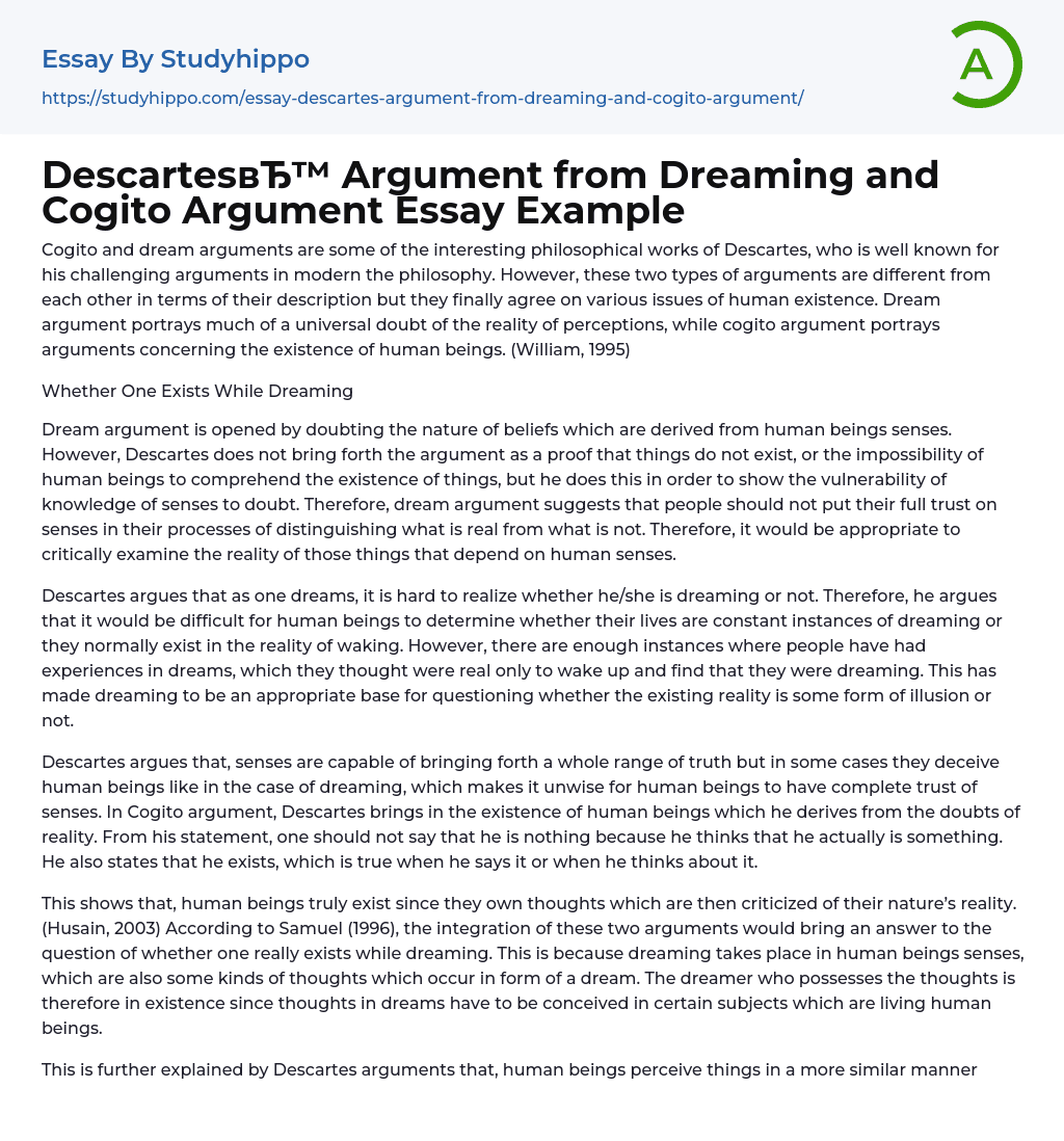 Descartes Argument from Dreaming and Cogito Argument Essay Example
