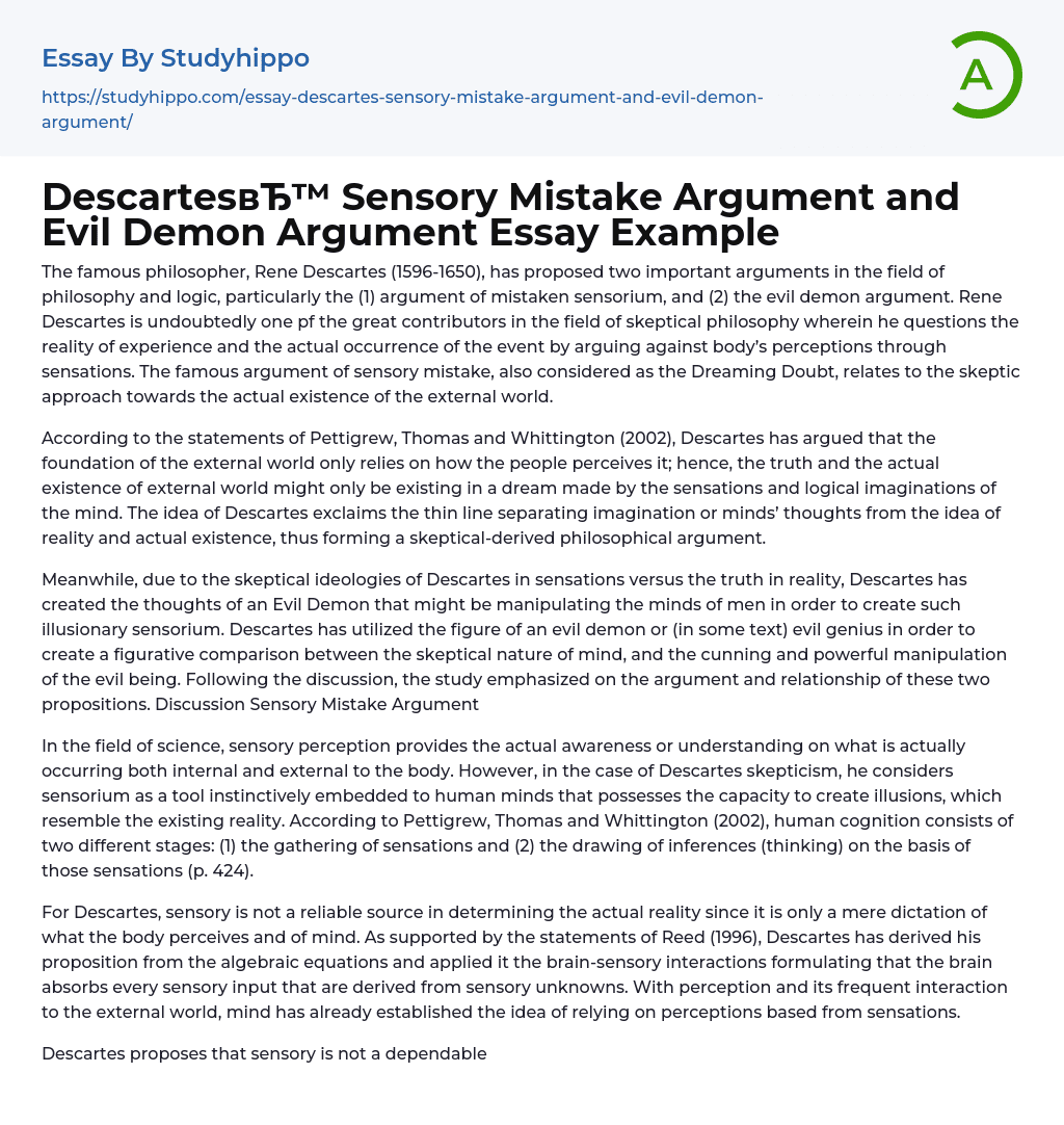 Descartes Sensory Mistake Argument and Evil Demon Argument Essay Example