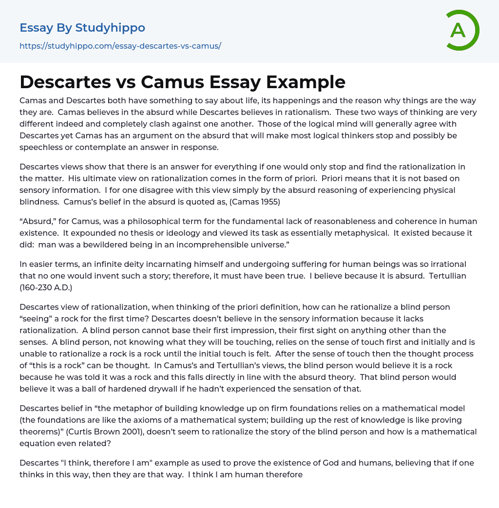 Descartes vs Camus Essay Example