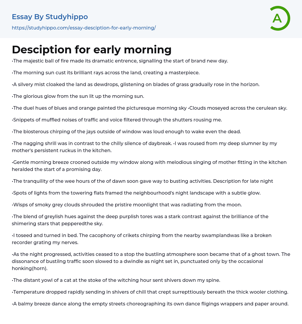 Desciption for early morning Essay Example