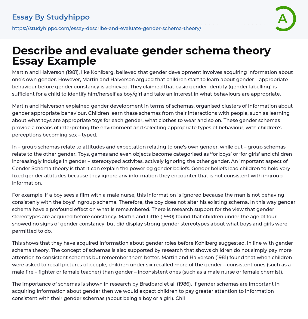 Describe and evaluate gender schema theory Essay Example