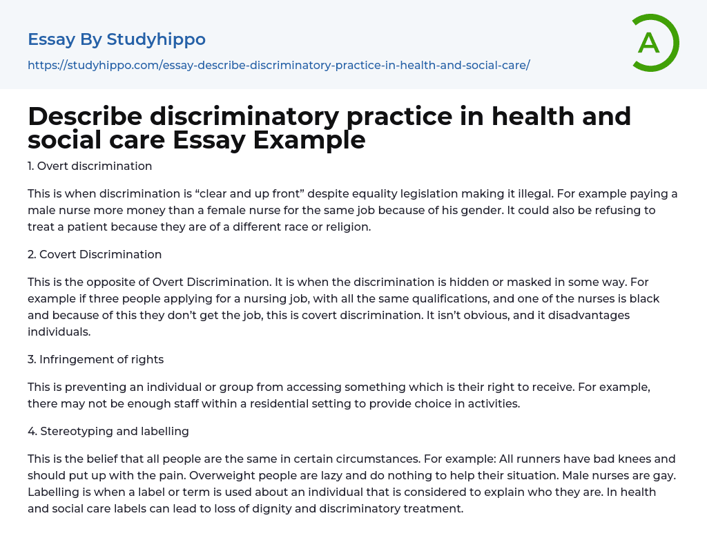 Describe discriminatory practice in health and social care Essay Example