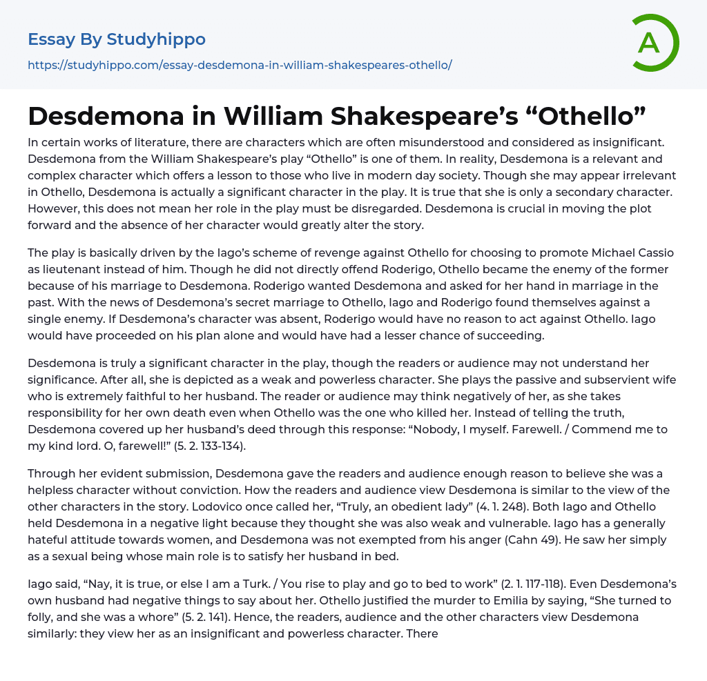 Desdemona in William Shakespeare’s “Othello” Essay Example