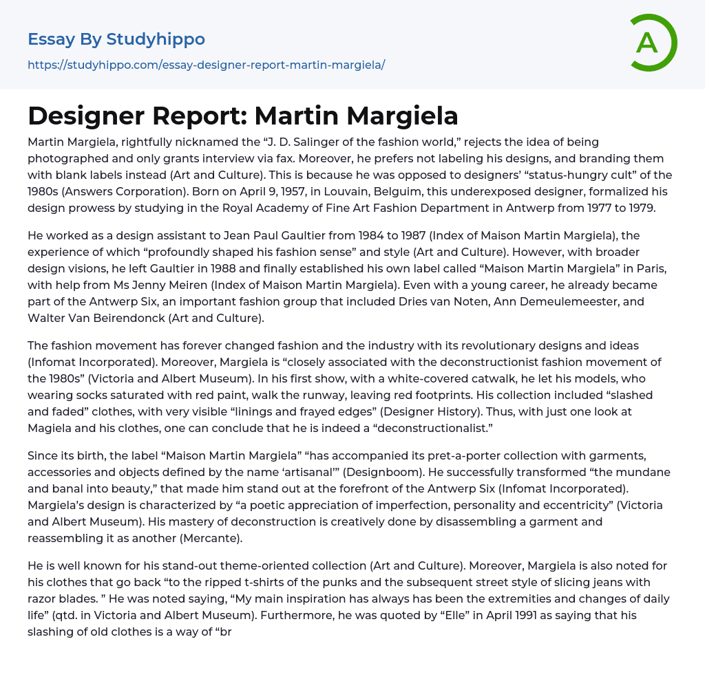 Designer Report: Martin Margiela Essay Example