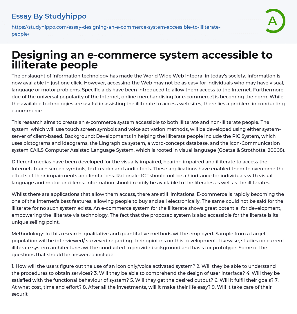 Designing an e-commerce system accessible to illiterate people Essay Example