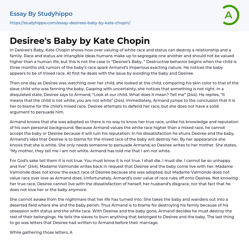 Desiree’s Baby by Kate Chopin Essay Example