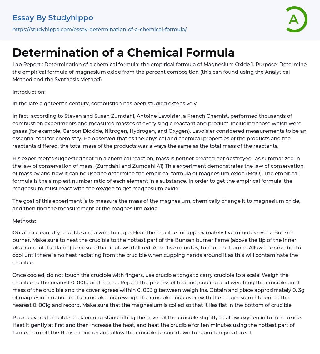 Determination of a Chemical Formula Essay Example
