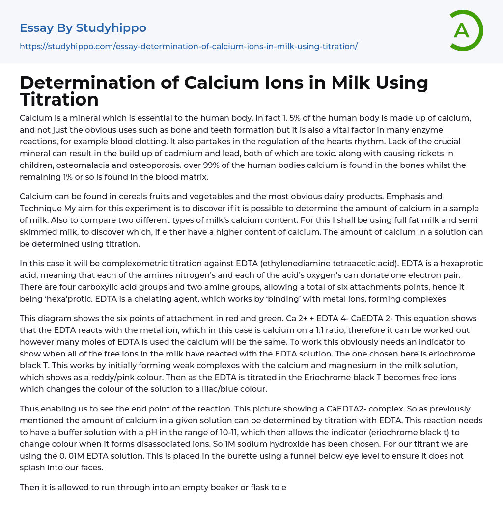 Determination of Calcium Ions in Milk Using Titration Essay Example